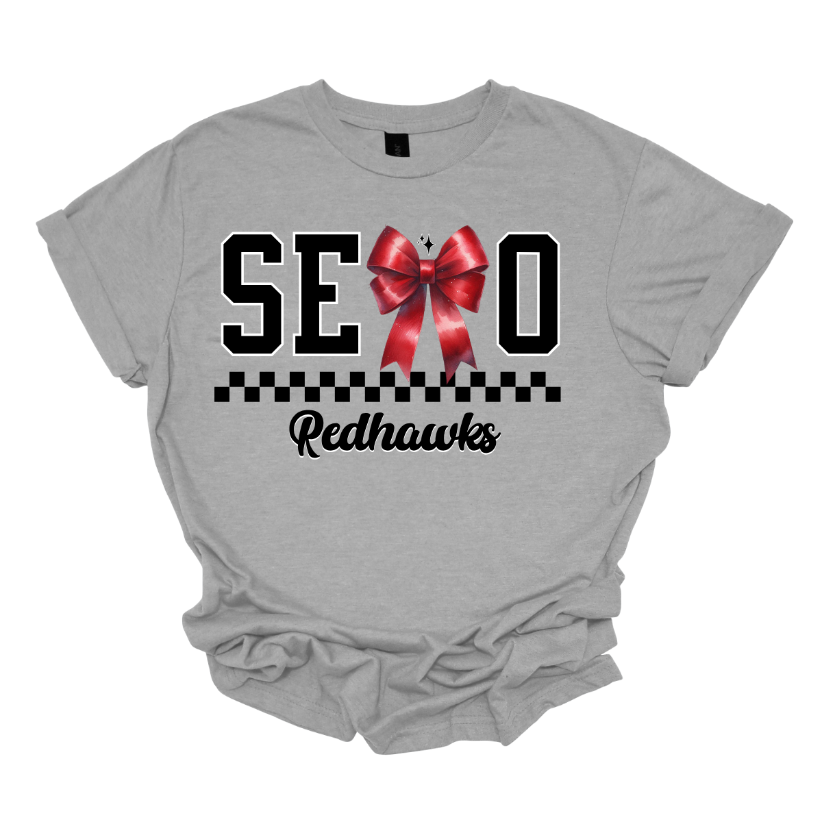 Show off your SEMO pride in style with this trendy apparel for youth! This shirt features bold letters” SEMO,” where the "M" is cleverly replaced by a stylish red croquette bow, this shirt adds a unique twist to your wardrobe. Underneath, a playful checkerboard stripe adds a fun touch, while "Redhawks" is elegantly written in a cute cursive font. Get ready to turn heads and express your school spirit! Shop at Gorgeousware.com today!