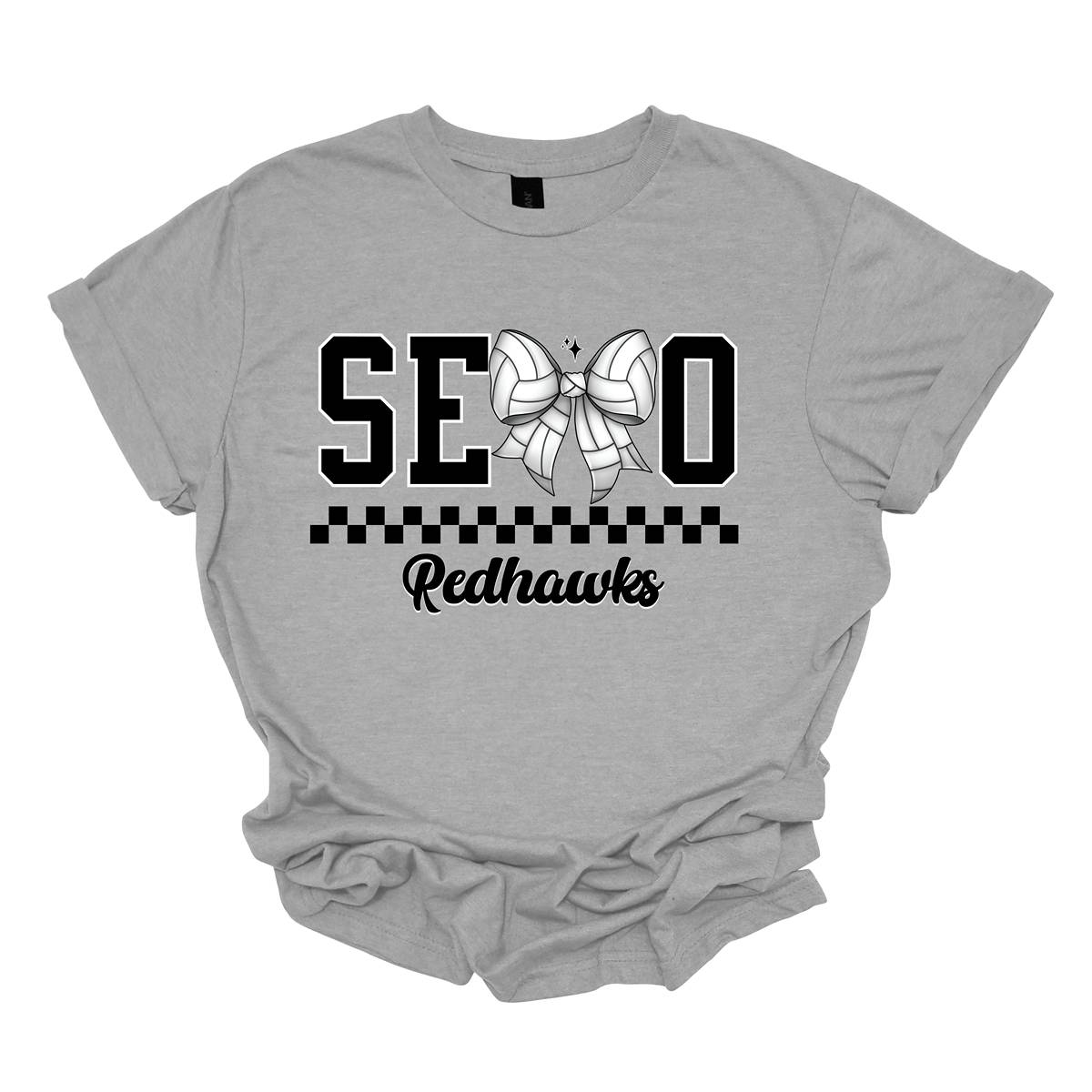 The apparel design features the word "SEMO" in a bold collegiate font, with a unique twist on the letter "M." Instead of the standard "M," a bow with a volleyball pattern is used, making it a distinctive and sporty element. Beneath "SEMO," a striking black checkerboard pattern runs horizontally across the garment, adding visual contrast and energy. Shop at Gorgeousware.com