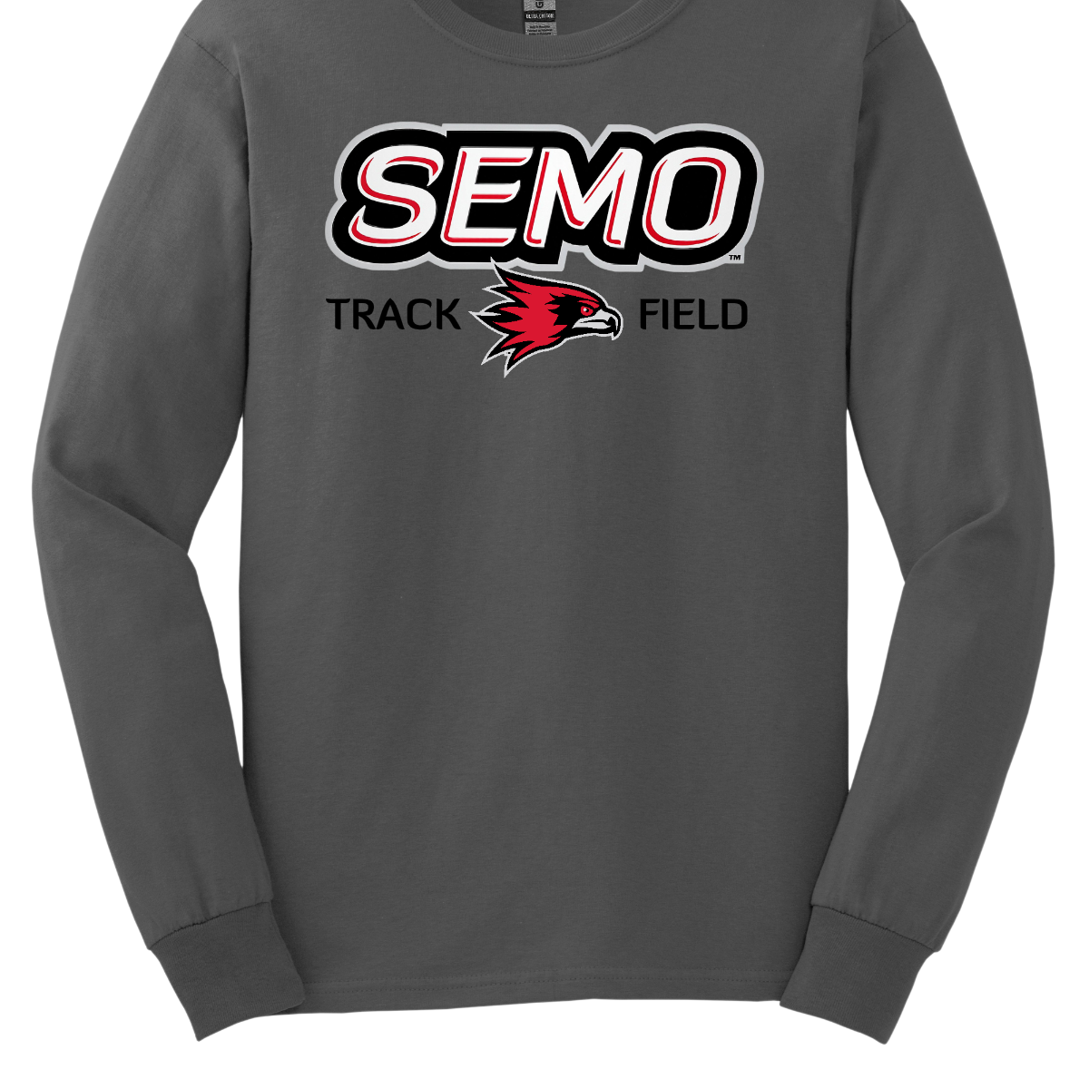 Dark gray long-sleeve shirt with SEMO Track Field logo on a white background. Shop at Gorgeousware.com