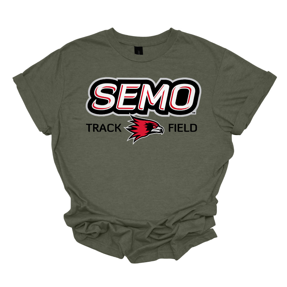 Military green t-shirt with SEMO Track Field logo on a white background. Shop at Gorgeousware.com