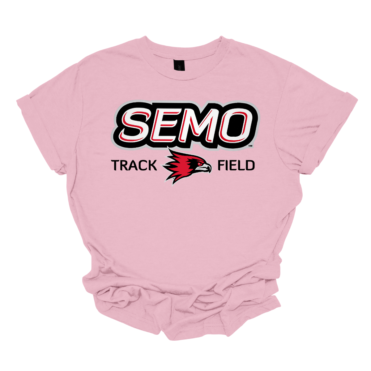 Light pink t-shirt with SEMO Track Field logo on a white background. Shop at Gorgeousware.com