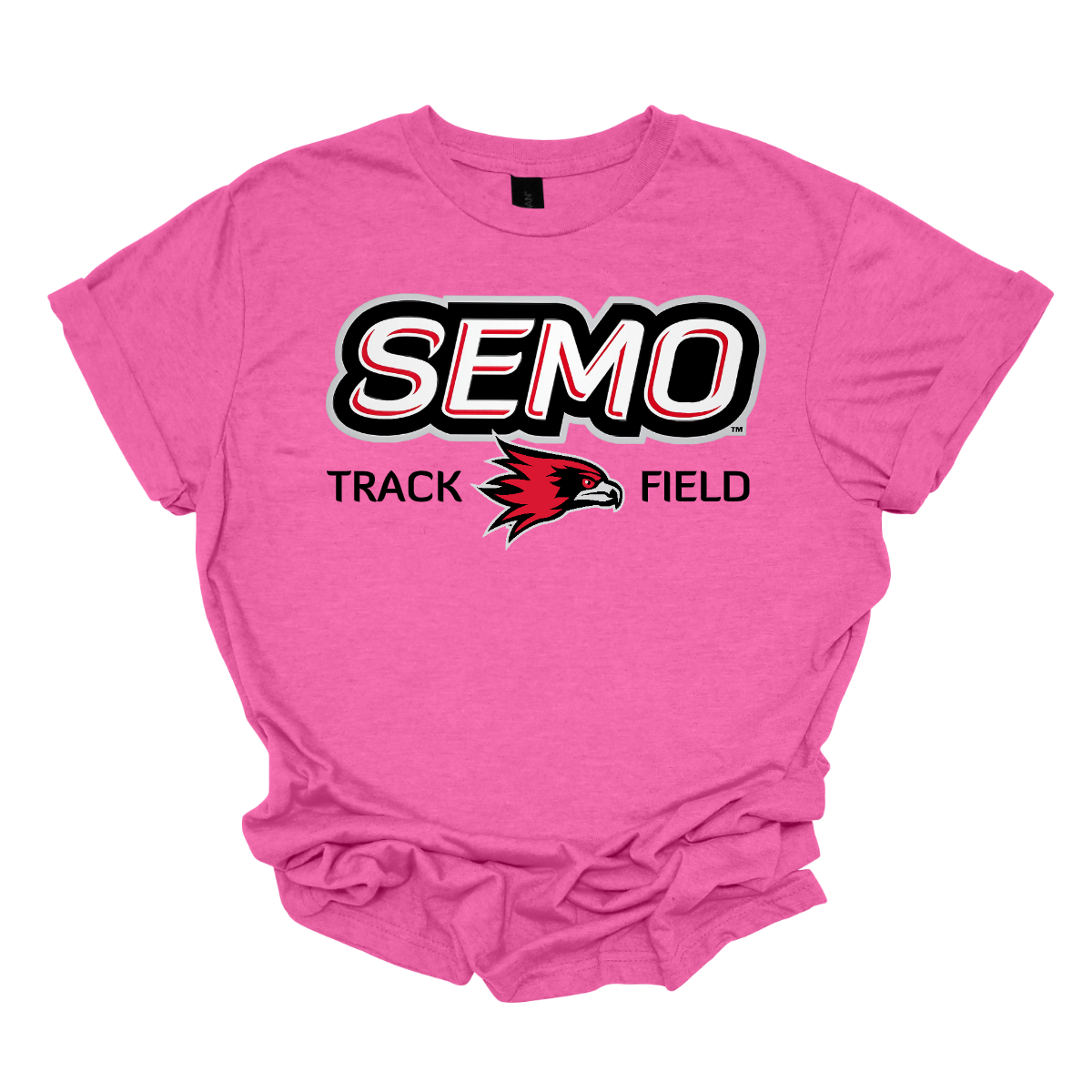 Hot pink t-shirt with SEMO Track Field logo on a white background. Shop at Gorgeousware.com