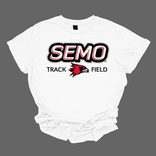 White t-shirt with SEMO Track Field logo on a gray background. Shop at Gorgeousware.com