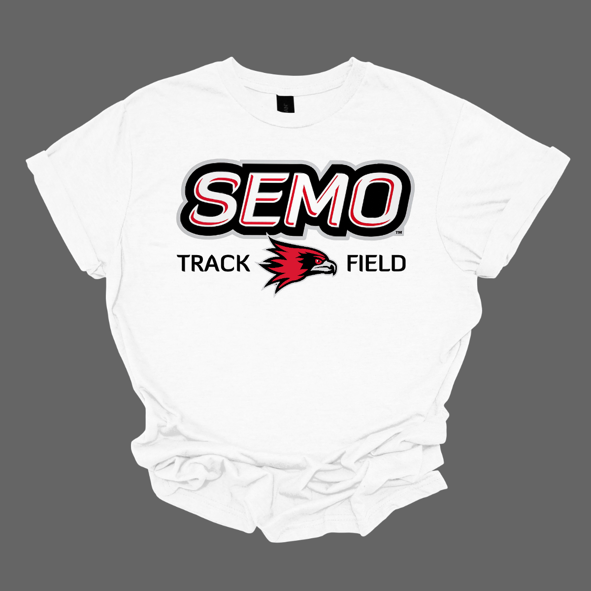 White t-shirt with SEMO Track Field logo on a gray background. Shop at Gorgeousware.com