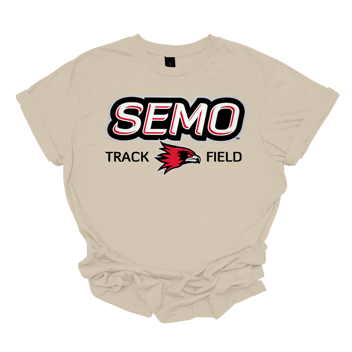 Beige t-shirt with SEMO Track Field logo on a white background. Shop at Gorgeousware.com