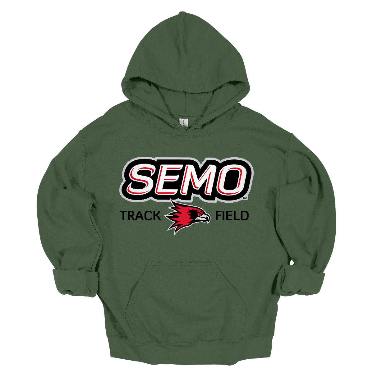 Military green hoodie with SEMO Track and Field logo on a white background. Shop at Gorgeousware.com