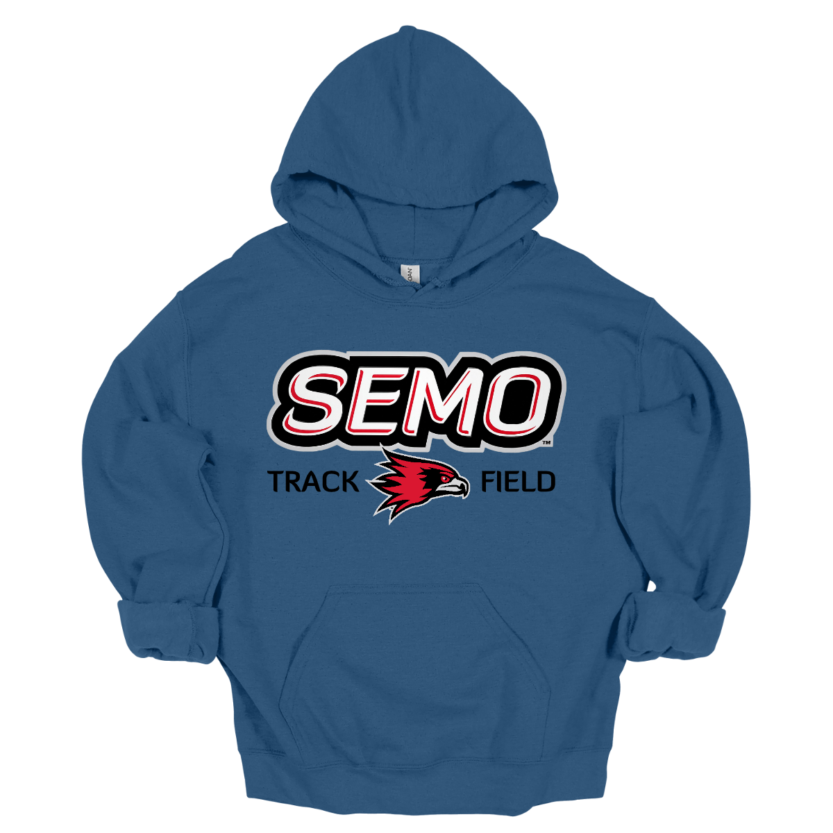 Indigo blue hoodie with SEMO Track Field logo on a white background. Shop at Gorgeousware.com