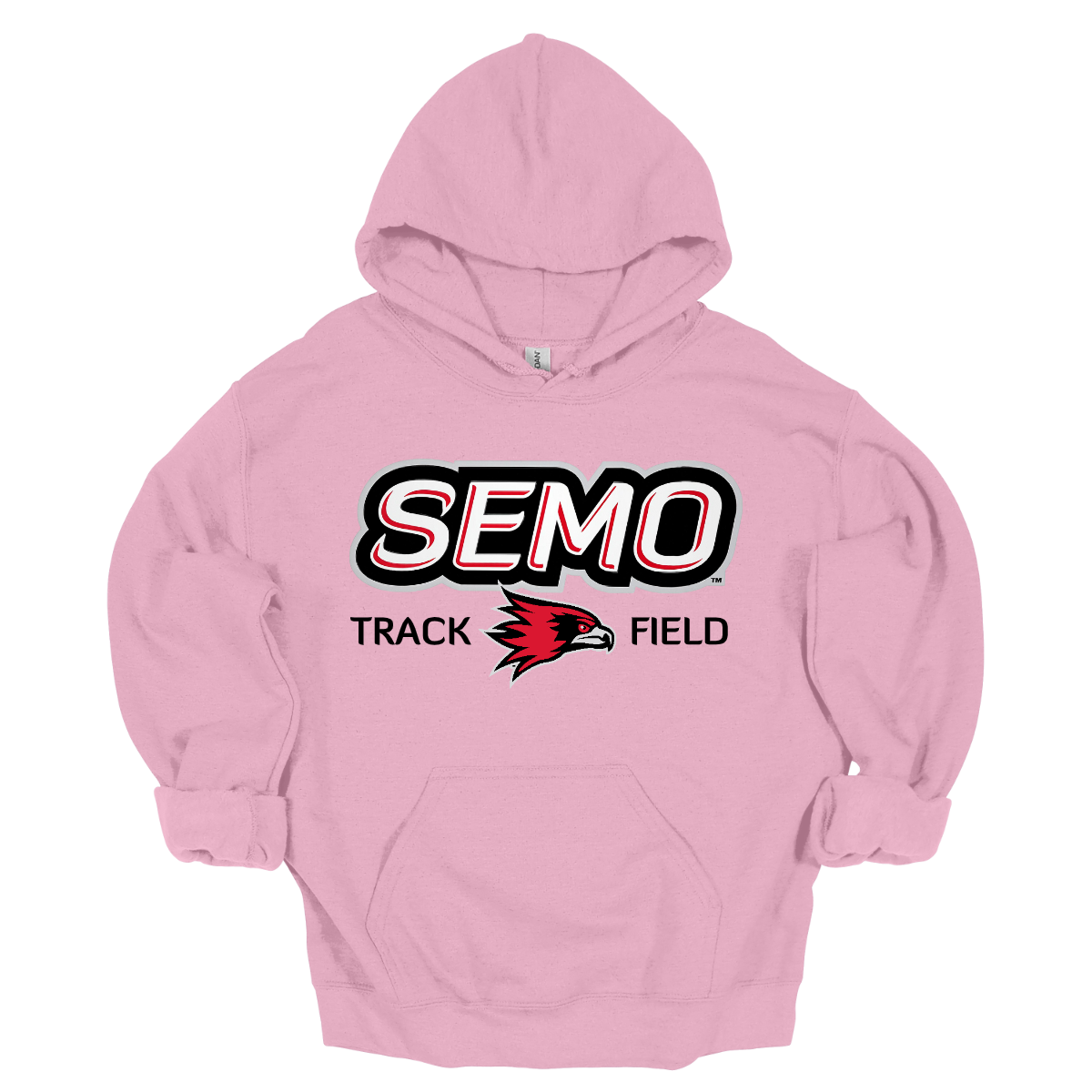 Light pink hoodie with SEMO Track Field logo on a white background. Shop at Gorgeousware.com