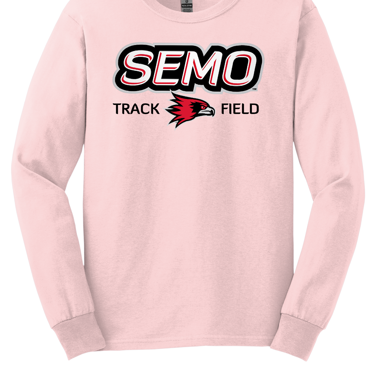 Light pink long-sleeve shirt with 'SEMO Track Field' text and logo on a white background. Shop at Gorgeousware.com