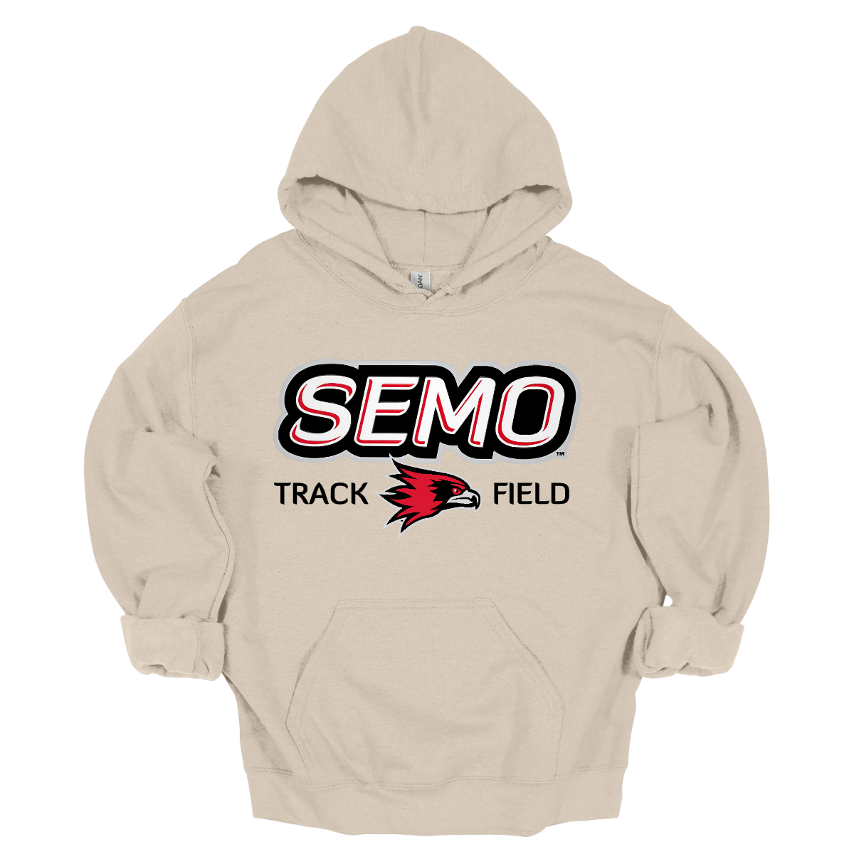 Beige hoodie with SEMO Track Field logo on a white background. Shop at Gorgeousware.com