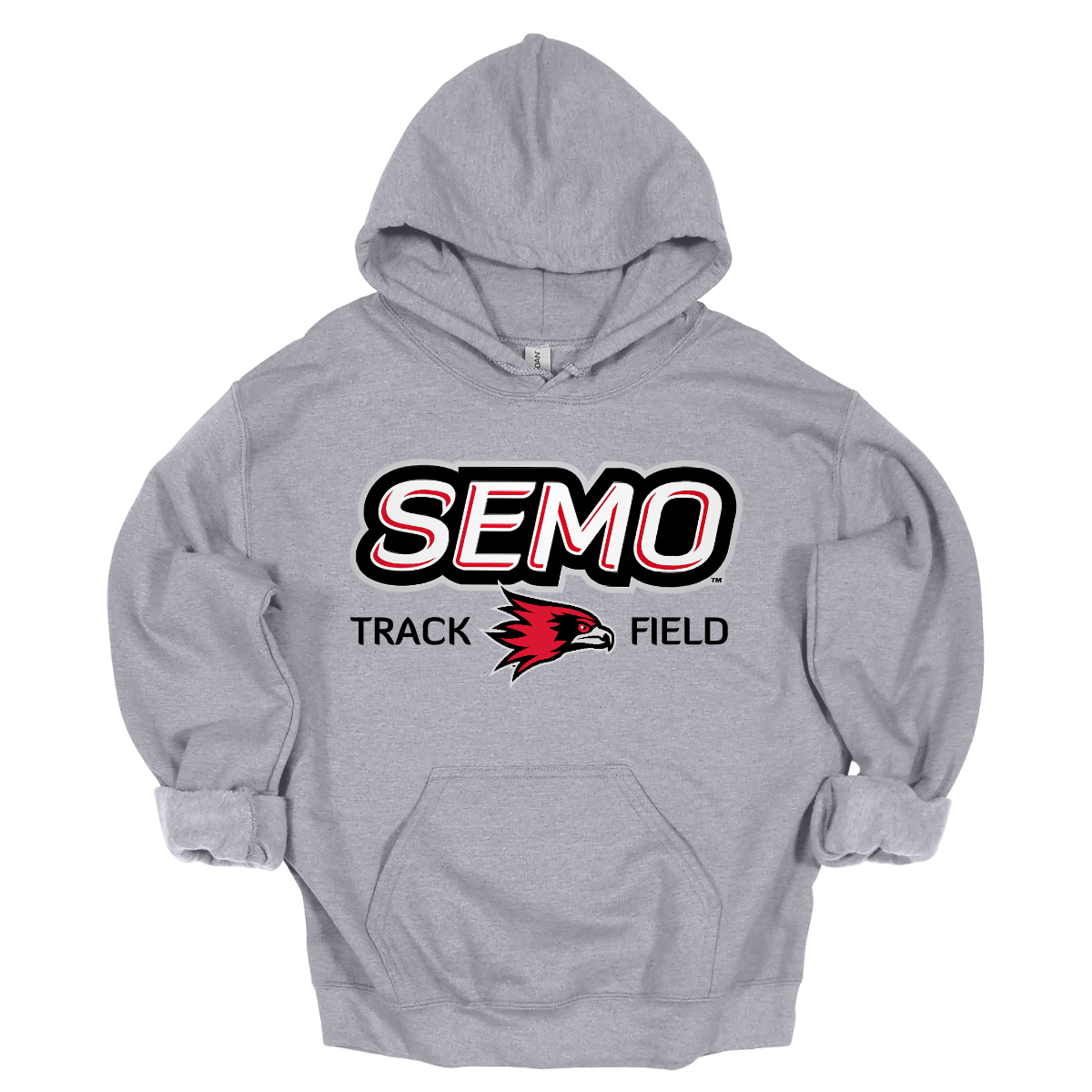 Sport gray hoodie with SEMO Track Field logo on a white background. Shop at Gorgeousware.com
