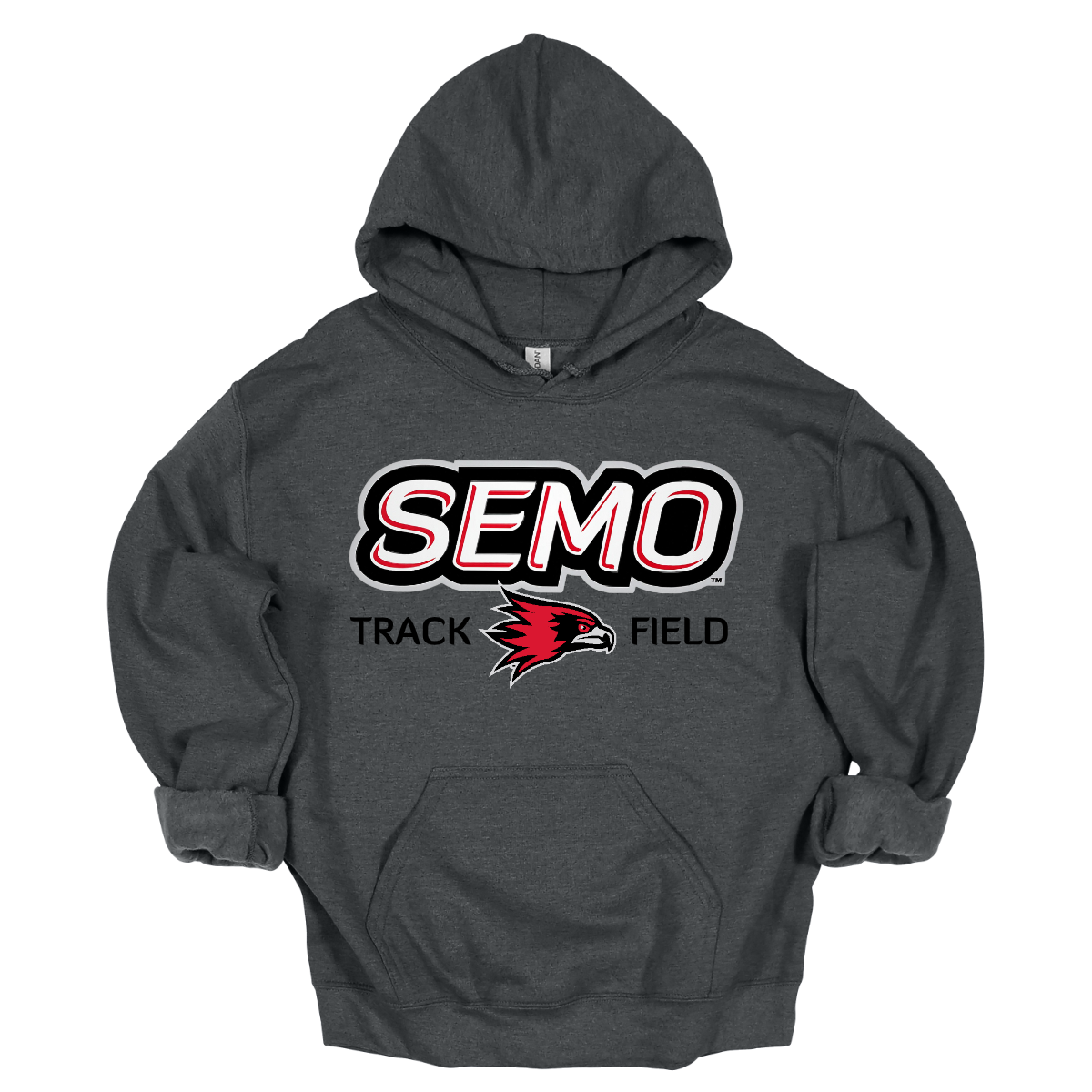 Dark gray hoodie with SEMO Track and Field logo on a white background. Shop at Gorgeousware.com