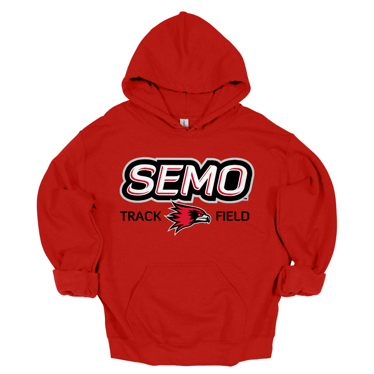 Red hoodie with 'SEMO Track Field' text and logo on a white background. Shop at Gorgeousware.com