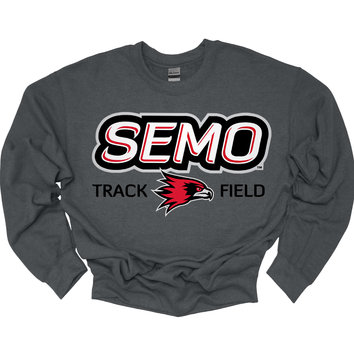 Dark gray sweatshirt with 'SEMO Track Field' text and logo on a white background. Shop at Gorgeousware.com