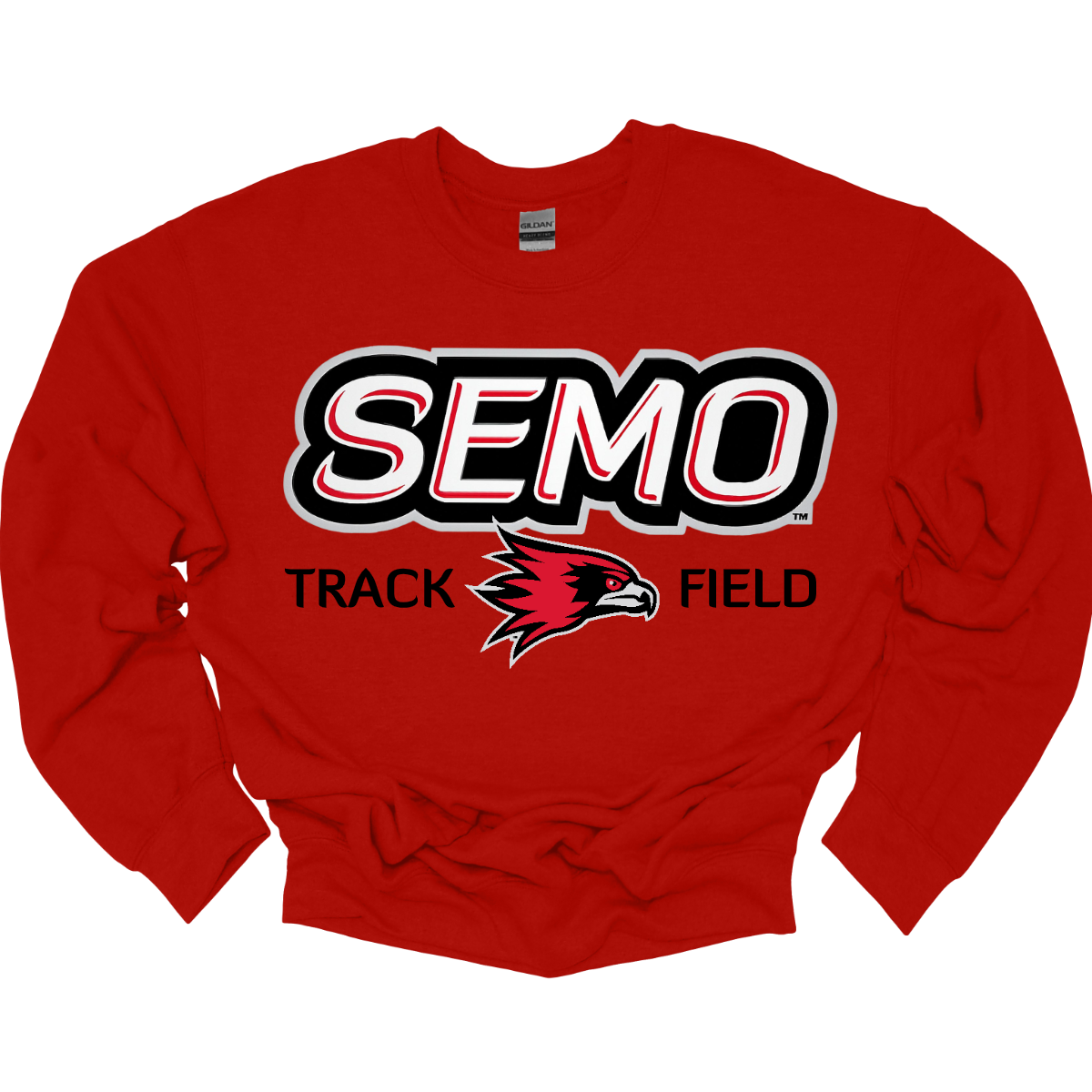 Red sweatshirt with 'SEMO Track Field' text and logo on a white background. Shop at Gorgeousware.com