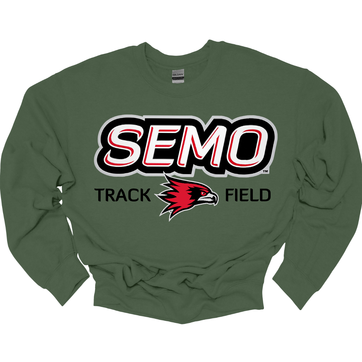 Military green sweatshirt with 'SEMO Track Field' text and logo on a white background. Shop at Gorgeousware.com