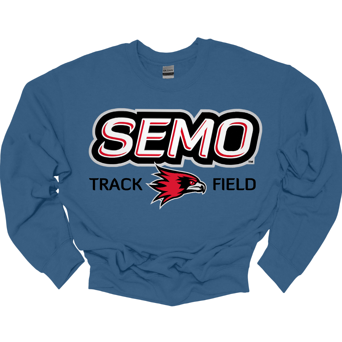 Indigo blue sweatshirt with 'SEMO Track Field' text and logo on a white background. Shop at Gorgeousware.com