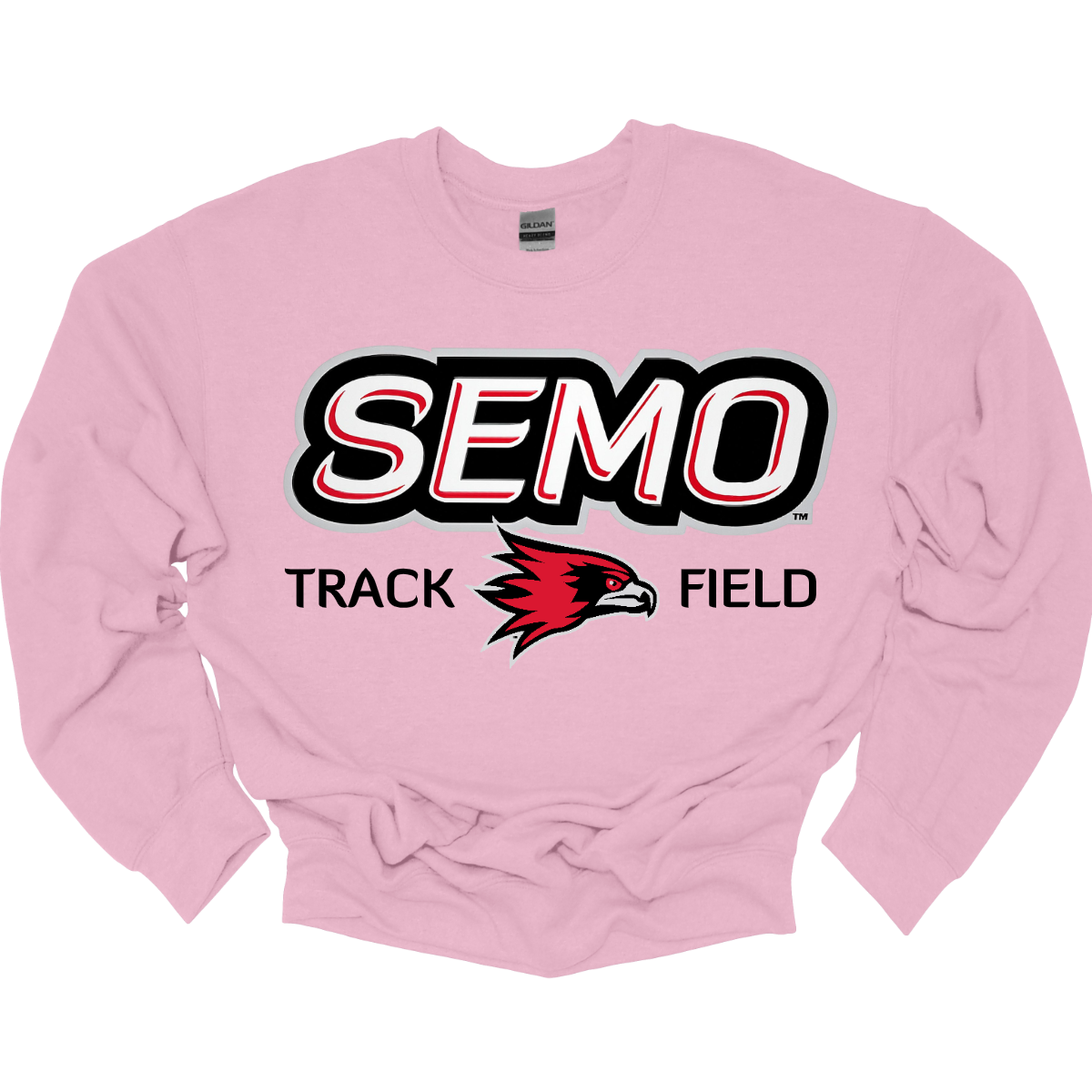 Light pink sweatshirt with 'SEMO Track Field' text and logo on a white background. Shop at Gorgeousware.com