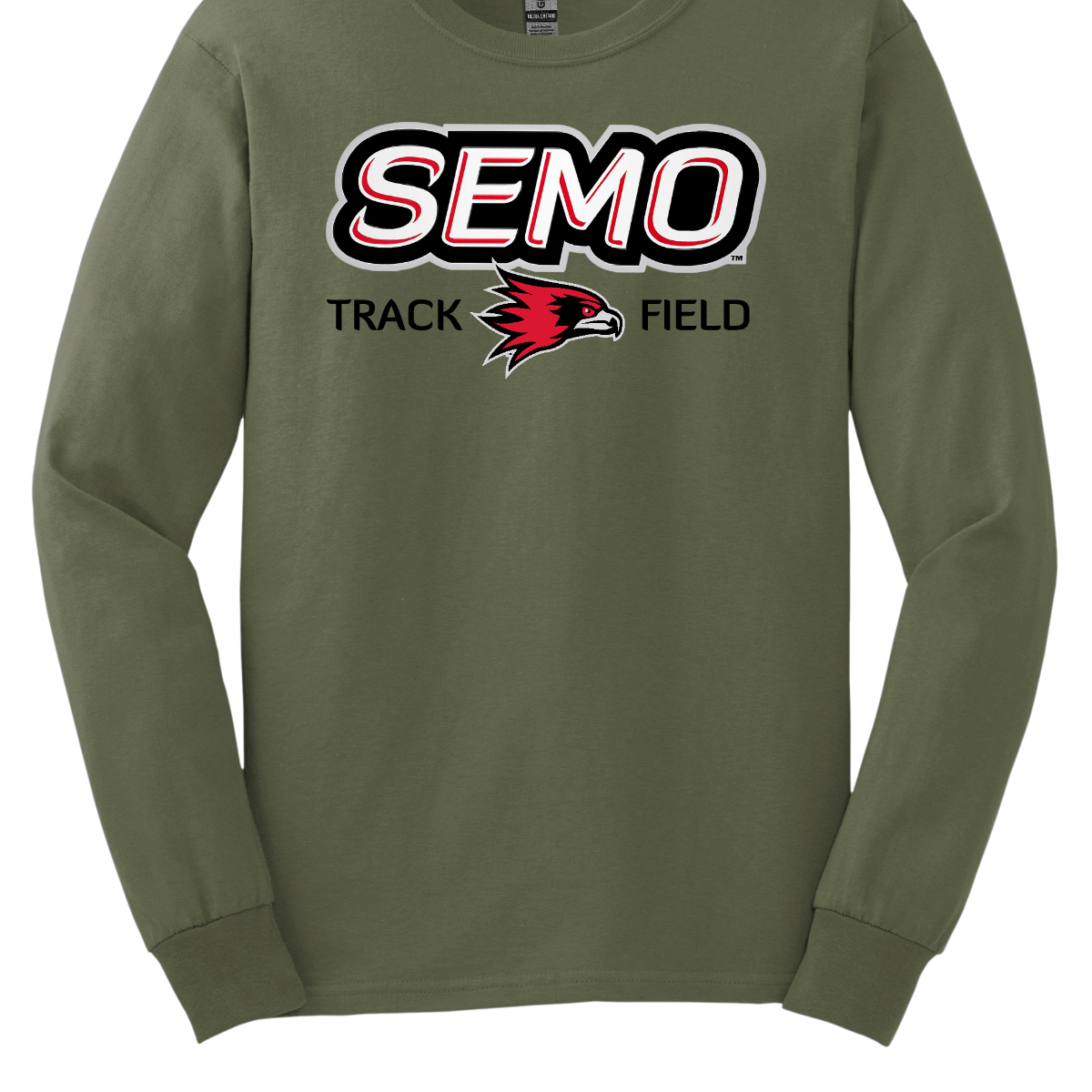 Military green long-sleeve shirt with 'SEMO Track Field' text and logo on a white background. Shop at Gorgeousware.com