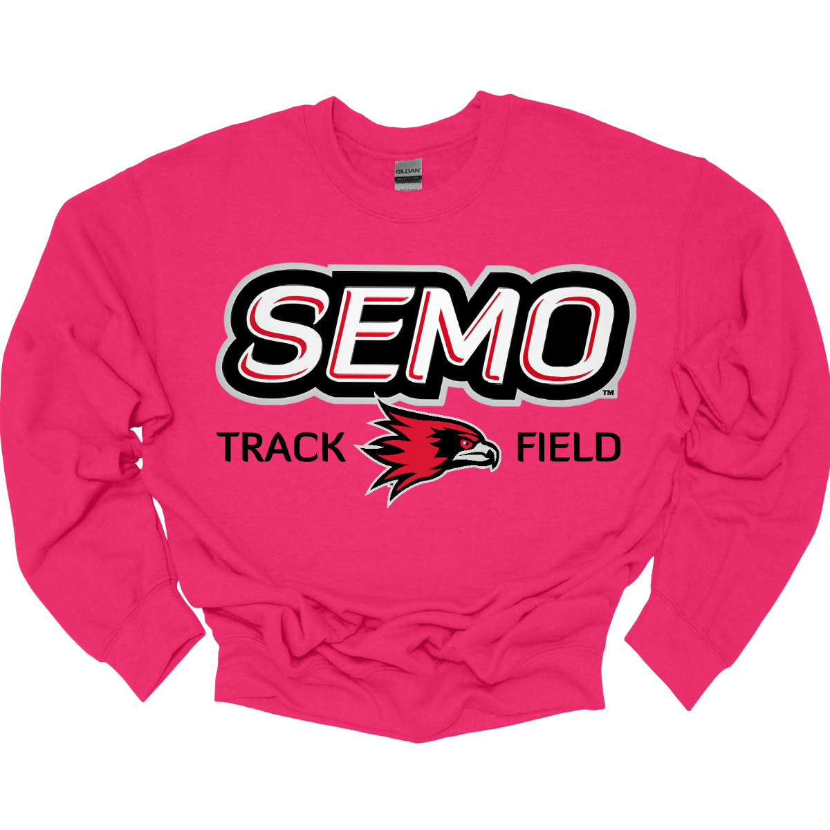 Hot pink long-sleeve shirt with 'SEMO Track Field' text and logo on a white background. Shop at Gorgeousware.com