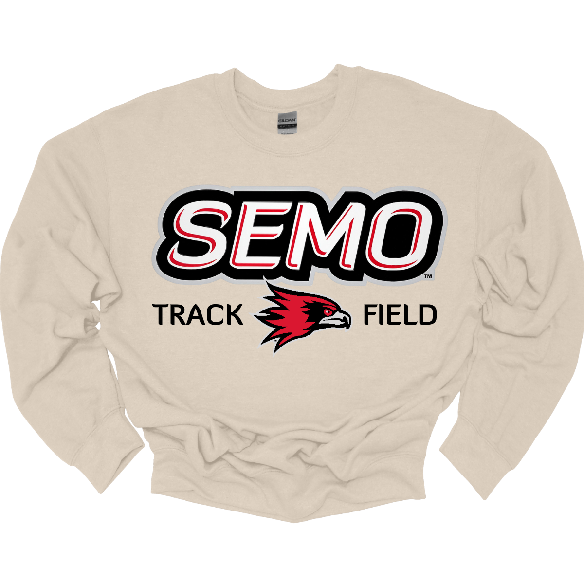 Beige sweatshirt with 'SEMO Track Field' text and logo on a white. Shop at background. Shop at Gorgeousware.com