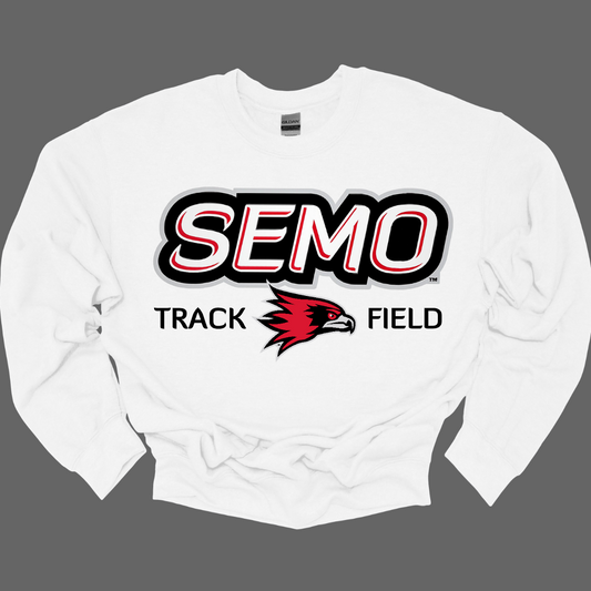 White sweatshirt with 'SEMO Track Field' text and logo on a gray background. Shop at Gorgeousware.com