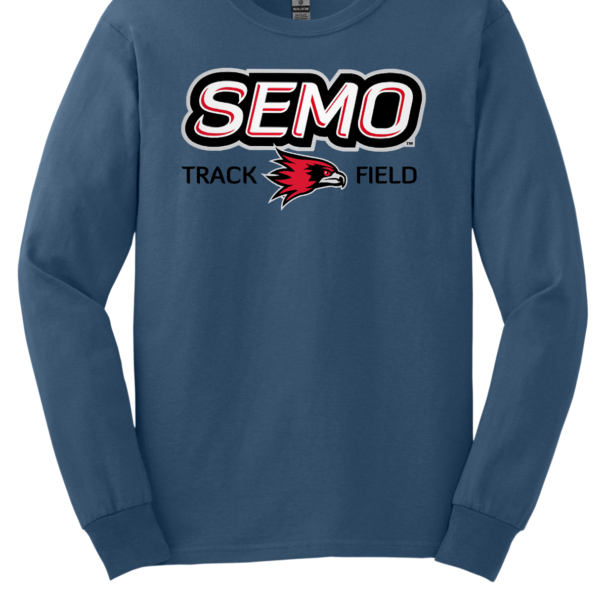 Indigo blue long-sleeve shirt with 'SEMO Track Field' and a red and black logo on a white background. Shop at Gorgeousware.com