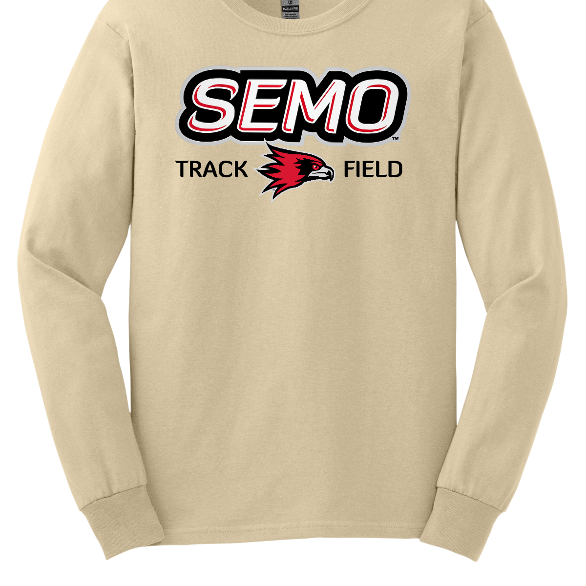 Beige long-sleeve shirt with SEMO Track Field logo on a white background. Shop at Gorgeousware.com