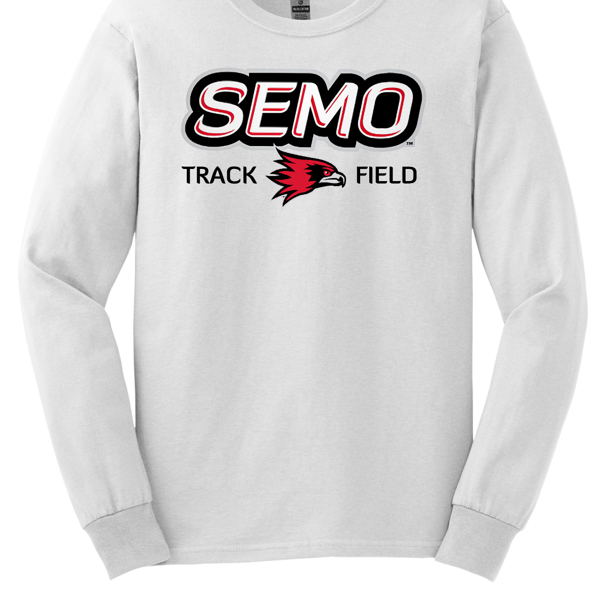 White long sleeve with 'SEMO Track Field' text and red and black logo on a white background. Shop at Gorgeousware.com