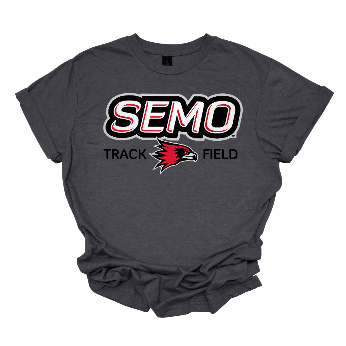 Dark gray t-shirt with SEMO Track & Field logo on a white background. Shop at Gorgeousware.com