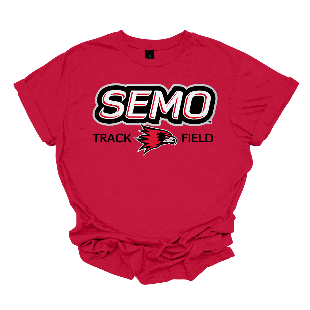 Red t-shirt with 'SEMO Track Field' text and logo on a white background. Shop at Gorgeousware.com