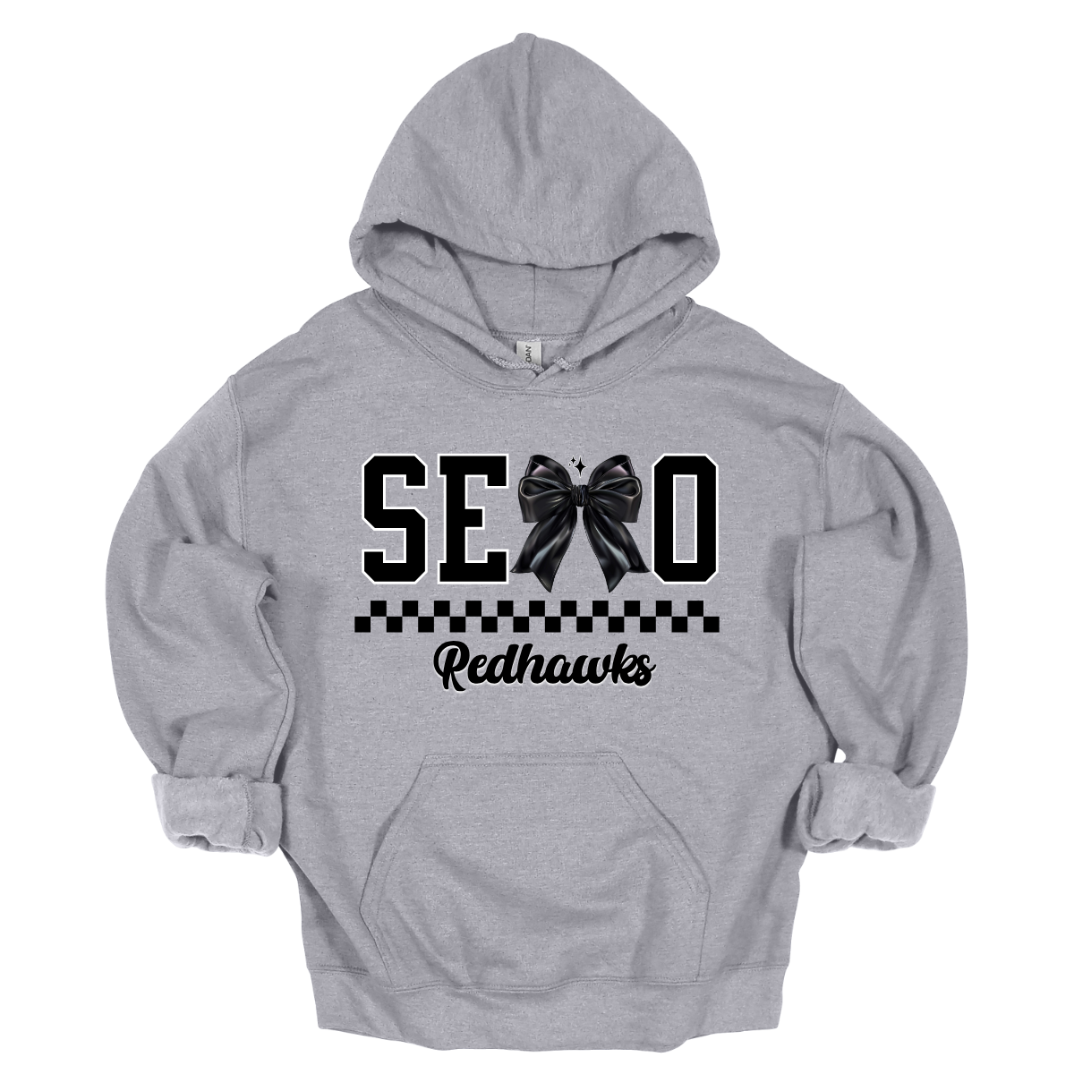 Show off your SEMO pride in style with this trendy creneck and hoodie! Featuring the bold letters "SEMO," where the "M" is cleverly replaced by a stylish black croquette bow, this shirt adds a unique twist to your wardrobe. Underneath, a playful checkerboard stripe adds a fun touch, while "Redhawks" is elegantly written in a cute cursive font, bringing a touch of flair. Shop at Gorgeousware.com