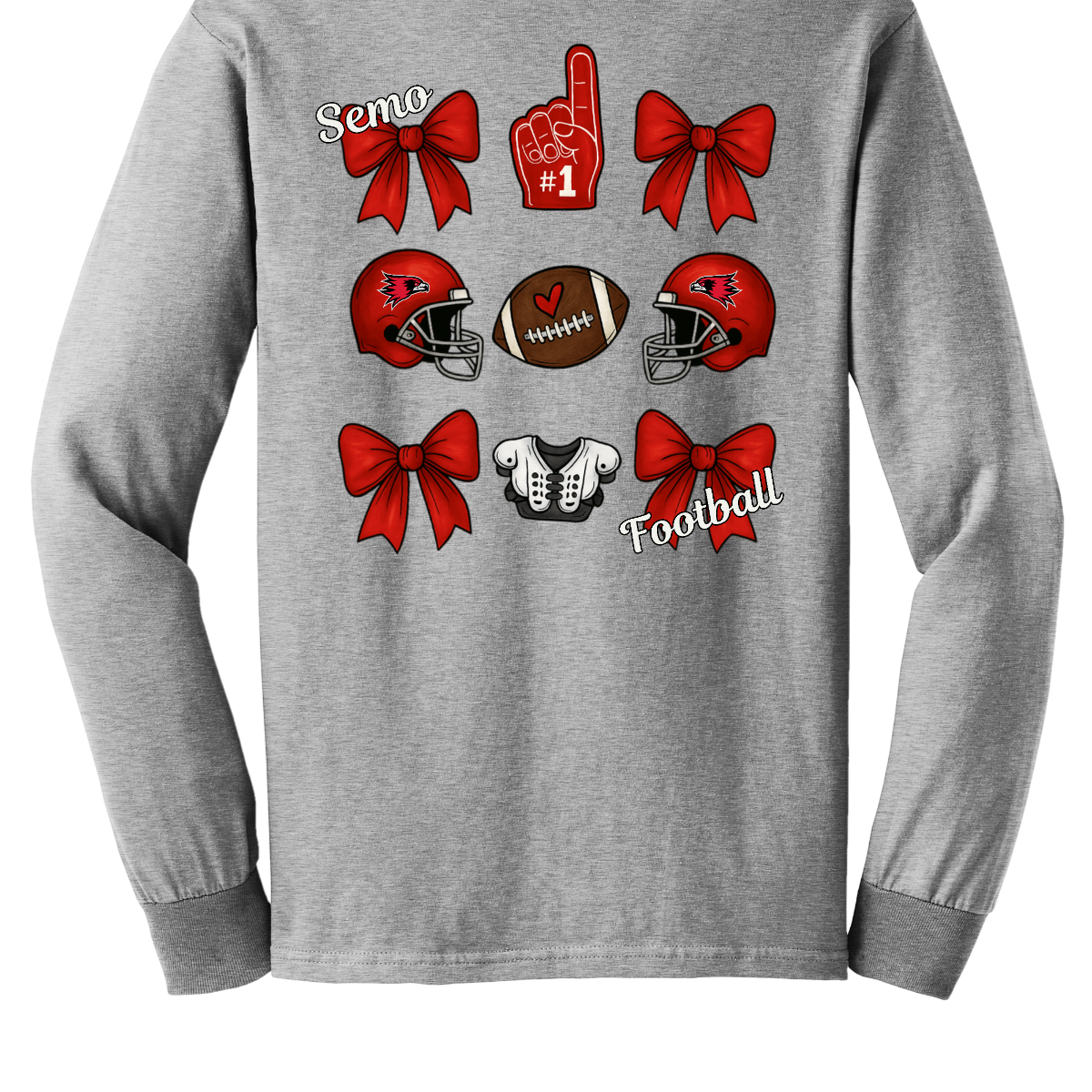 This SEMO Football Bow Grid design is available in youth sizes across short sleeve, long sleeve, crewneck, and hoodie options.
Front Design: A chic red croquette bow sits on the upper left chest, accented with bold white “SEMO” lettering.
Back Design: A playful grid layout showcases an exciting mix of Redhawk game-day icons—red croquette bows, SEMO football helmets, sturdy shoulder pads, and the classic #1 foam hand—all celebrating SEMO’s winning spirit.
Shop at Gorgeousware.com today!