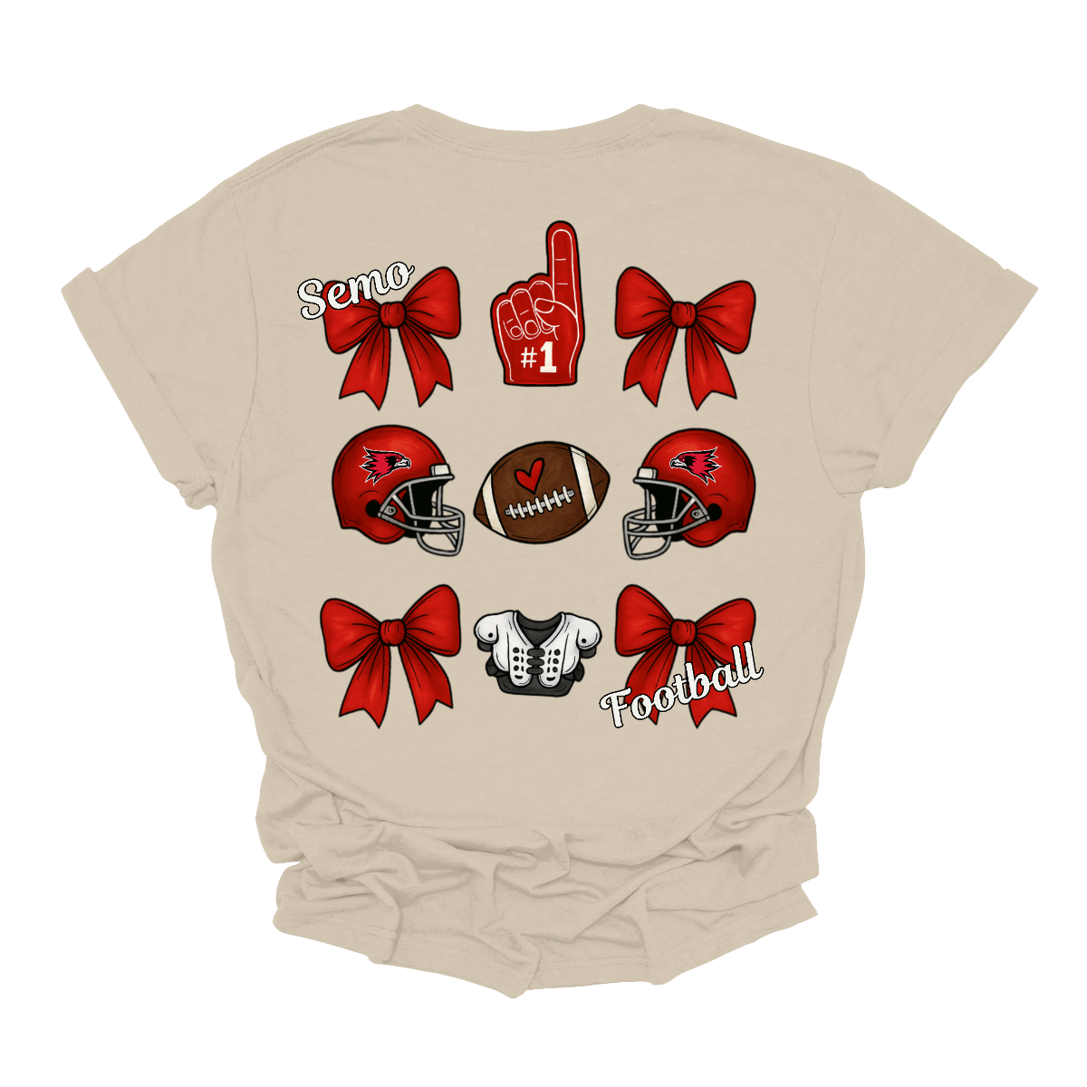 This SEMO Football Bow Grid design is available in youth sizes across short sleeve, long sleeve, crewneck, and hoodie options.
Front Design: A chic red croquette bow sits on the upper left chest, accented with bold white “SEMO” lettering.
Back Design: A playful grid layout showcases an exciting mix of Redhawk game-day icons—red croquette bows, SEMO football helmets, sturdy shoulder pads, and the classic #1 foam hand—all celebrating SEMO’s winning spirit.
Shop at Gorgeousware.com today!