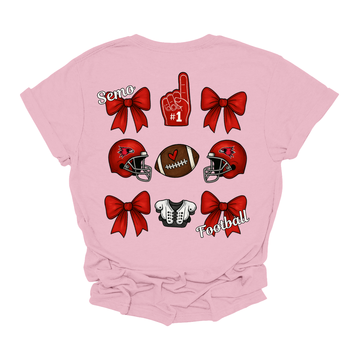 This SEMO Football Bow Grid design is available in youth sizes across short sleeve, long sleeve, crewneck, and hoodie options.
Front Design: A chic red croquette bow sits on the upper left chest, accented with bold white “SEMO” lettering.
Back Design: A playful grid layout showcases an exciting mix of Redhawk game-day icons—red croquette bows, SEMO football helmets, sturdy shoulder pads, and the classic #1 foam hand—all celebrating SEMO’s winning spirit.
Shop at Gorgeousware.com today!