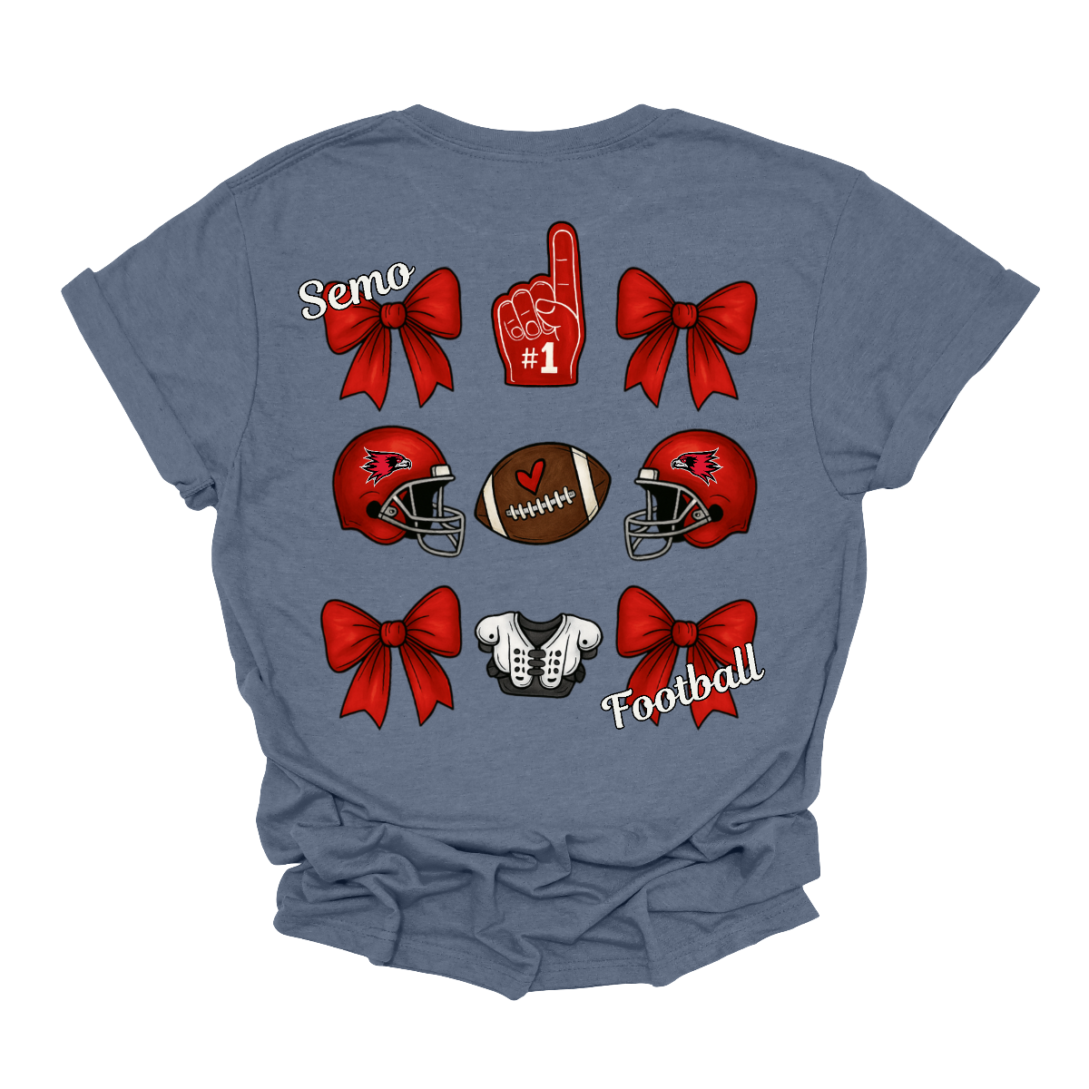 This SEMO Football Bow Grid design is available in youth sizes across short sleeve, long sleeve, crewneck, and hoodie options.
Front Design: A chic red croquette bow sits on the upper left chest, accented with bold white “SEMO” lettering.
Back Design: A playful grid layout showcases an exciting mix of Redhawk game-day icons—red croquette bows, SEMO football helmets, sturdy shoulder pads, and the classic #1 foam hand—all celebrating SEMO’s winning spirit.
Shop at Gorgeousware.com today!
