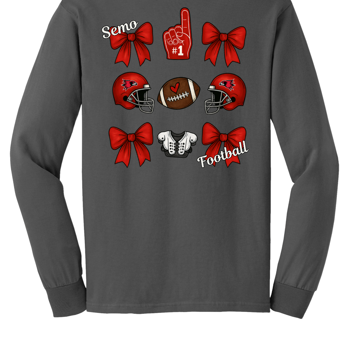 This SEMO Football Bow Grid design is available in short and long sleeve options.
Front Design: A chic red croquette bow sits on the upper left chest, accented with bold white “SEMO” lettering.
Back Design: A playful grid layout showcases an exciting mix of Redhawk game-day icons—red croquette bows, SEMO football helmets, sturdy shoulder pads, and the classic #1 foam hand—all celebrating SEMO’s winning spirit.
Shop at Gorgeousware.com today!