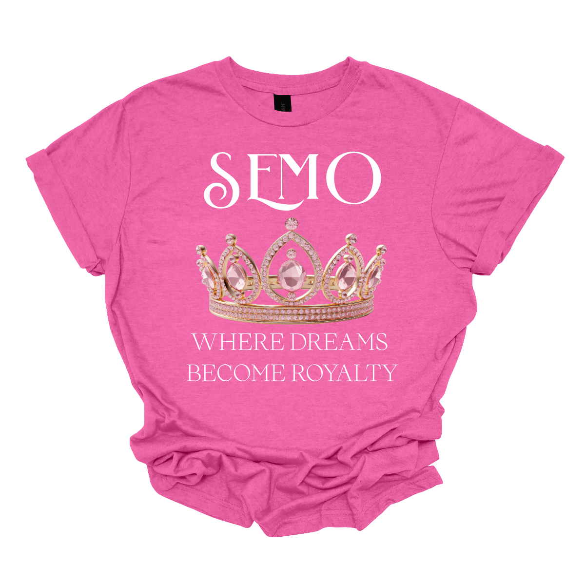 Heliconia t-shirt with a crown graphic and text on a white background that says "SEMO - Where dreams become royalty". Shop at Gorgeousware.com