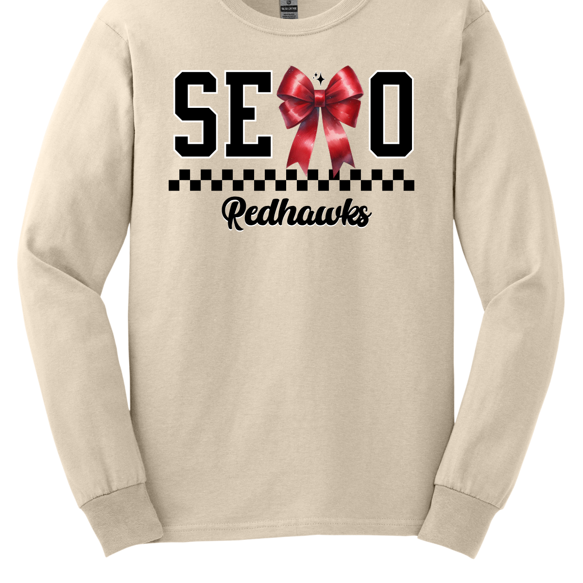 Show off your SEMO pride in style with this trendy short/long sleeve t-shirt! Featuring the bold letters "SEMO," where the "M" is cleverly replaced by a stylish red croquette bow, this shirt adds a unique twist to your wardrobe. Underneath, a playful checkerboard stripe adds a fun touch, while "Redhawks" is elegantly written in a cute cursive font, bringing a touch of flair.  Get ready to turn heads and express your school spirit! Shop at Gorgeousware.com