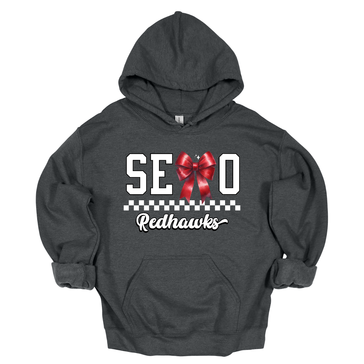 This SEMO hoodie features white lettering outlined in black with a creative twist - the letter "M" is a stylish red bow for a pop of color and school spirit. A classic checkerboard line runs through the center for a trendy, eye-catching look, while the design is completed with "Redhawks" in script underneath for the perfect final touch.
Shop at Gorgeousware.com today!