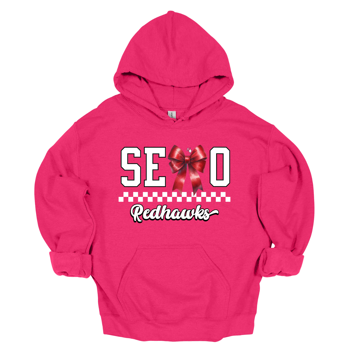 This SEMO hoodie features white lettering outlined in black with a creative twist - the letter "M" is a stylish red bow for a pop of color and school spirit. A classic checkerboard line runs through the center for a trendy, eye-catching look, while the design is completed with "Redhawks" in script underneath for the perfect final touch.
Shop at Gorgeousware.com today!