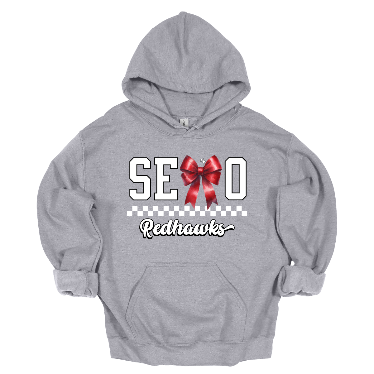 This SEMO hoodie features white lettering outlined in black with a creative twist - the letter "M" is a stylish red bow for a pop of color and school spirit. A classic checkerboard line runs through the center for a trendy, eye-catching look, while the design is completed with "Redhawks" in script underneath for the perfect final touch.
Shop at Gorgeousware.com today!