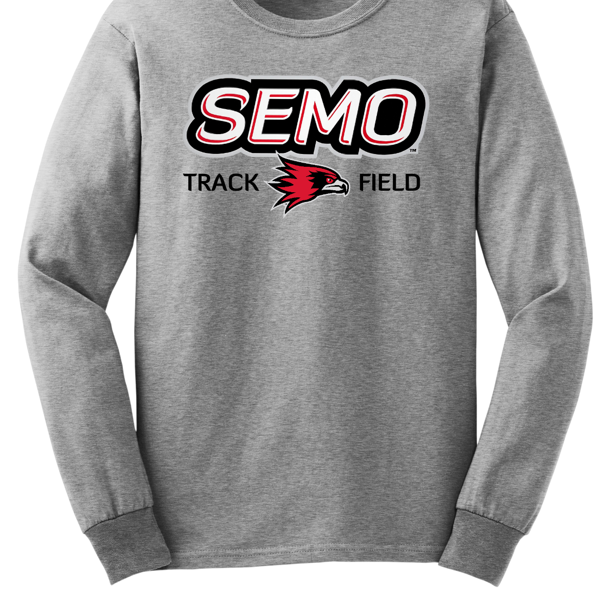 Sport gray long-sleeve shirt with SEMO Track Field logo on a white background. Shop at Gorgeousware.com