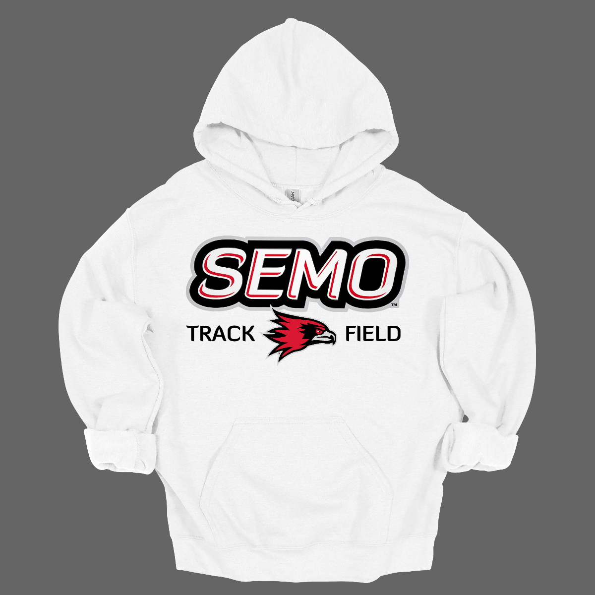 White hoodie with SEMO Track Field logo on a gray background. Shop at Gorgeousware.com
