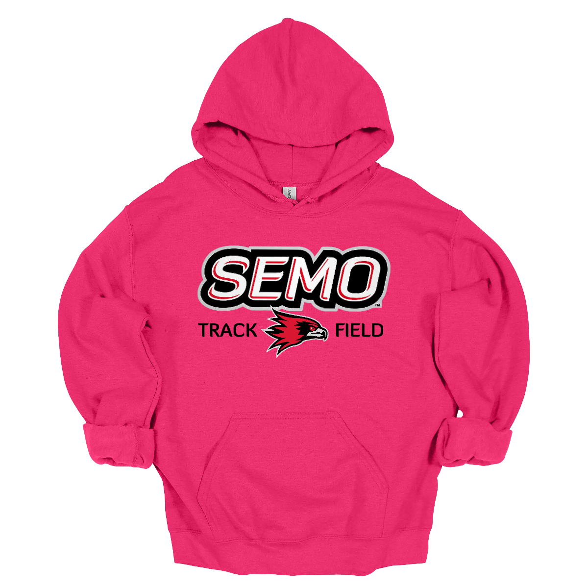 Hot pink hoodie with SEMO Track Field logo on a white background. Shop at Gorgeousware.com