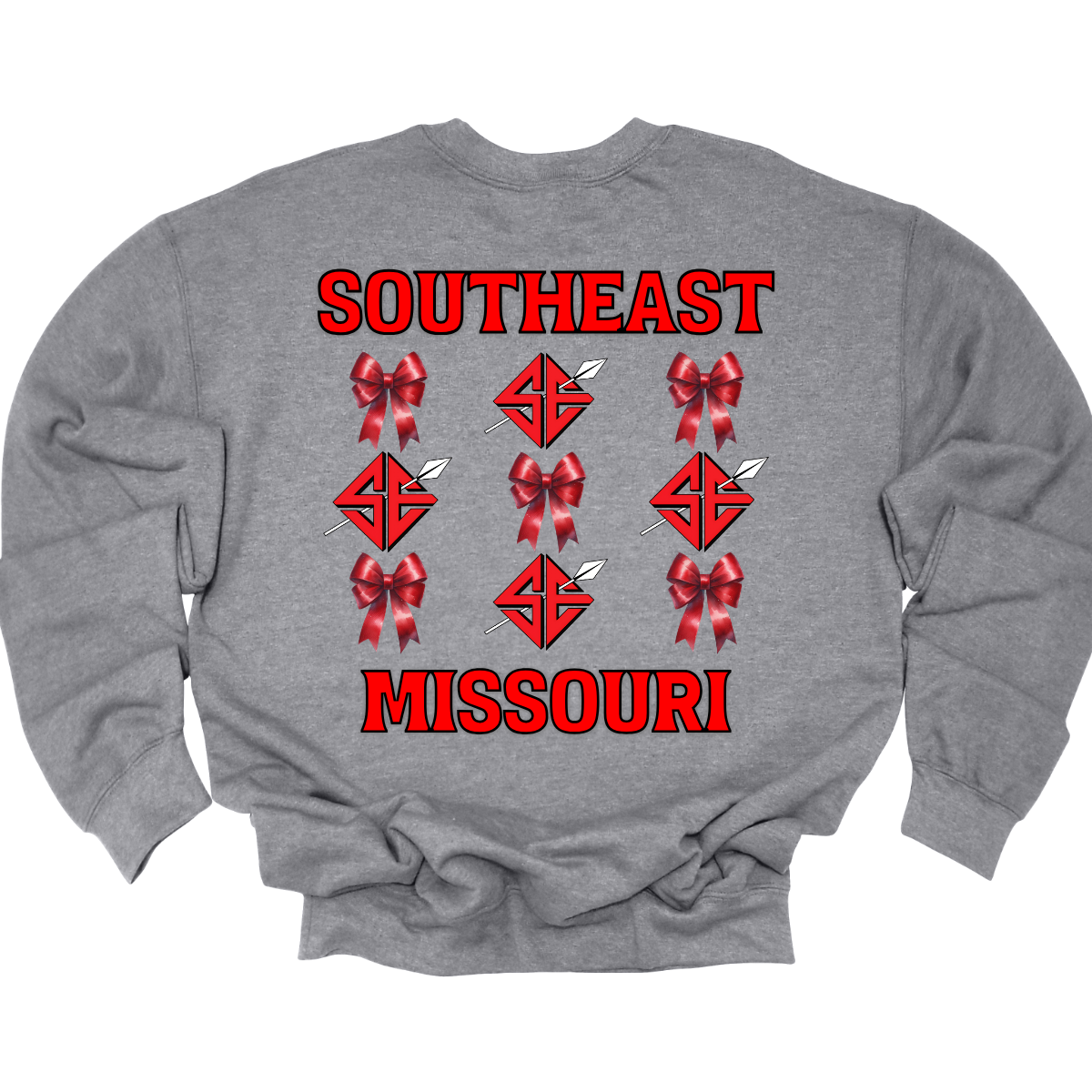 **The front will have a bow on the left chest pocket area.
Show off your collegiate pride with our SEMO Sagamore Bow! With a grid pattern of red croquette bows and the SE spear logo, the word "southeast" displayed on the top and "Missouri" on the bottom, this shirt is perfect for any SEMO fan. The front pocket design features a matching red croquette bow. Available in short or long sleeve options. Shop at Gorgeousware.com