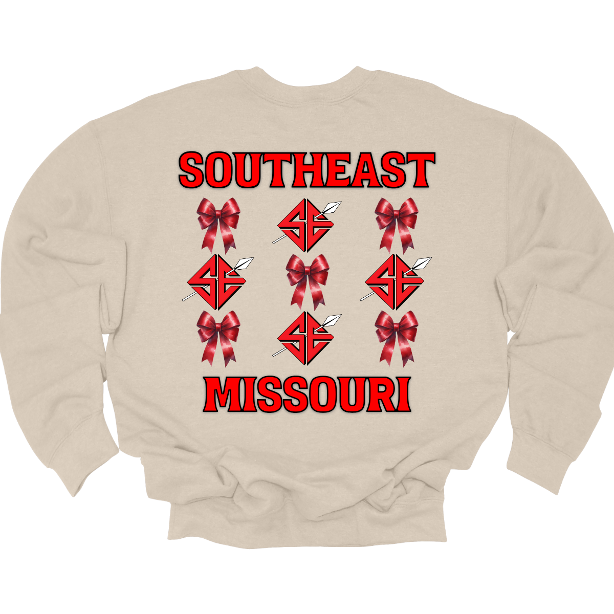 **The front will have a bow on the left chest pocket area.
Show off your collegiate pride with our SEMO Sagamore Bow! With a grid pattern of red croquette bows and the SE spear logo, the word "southeast" displayed on the top and "Missouri" on the bottom, this shirt is perfect for any SEMO fan. The front pocket design features a matching red croquette bow. Available in short or long sleeve options. Shop at Gorgeousware.com