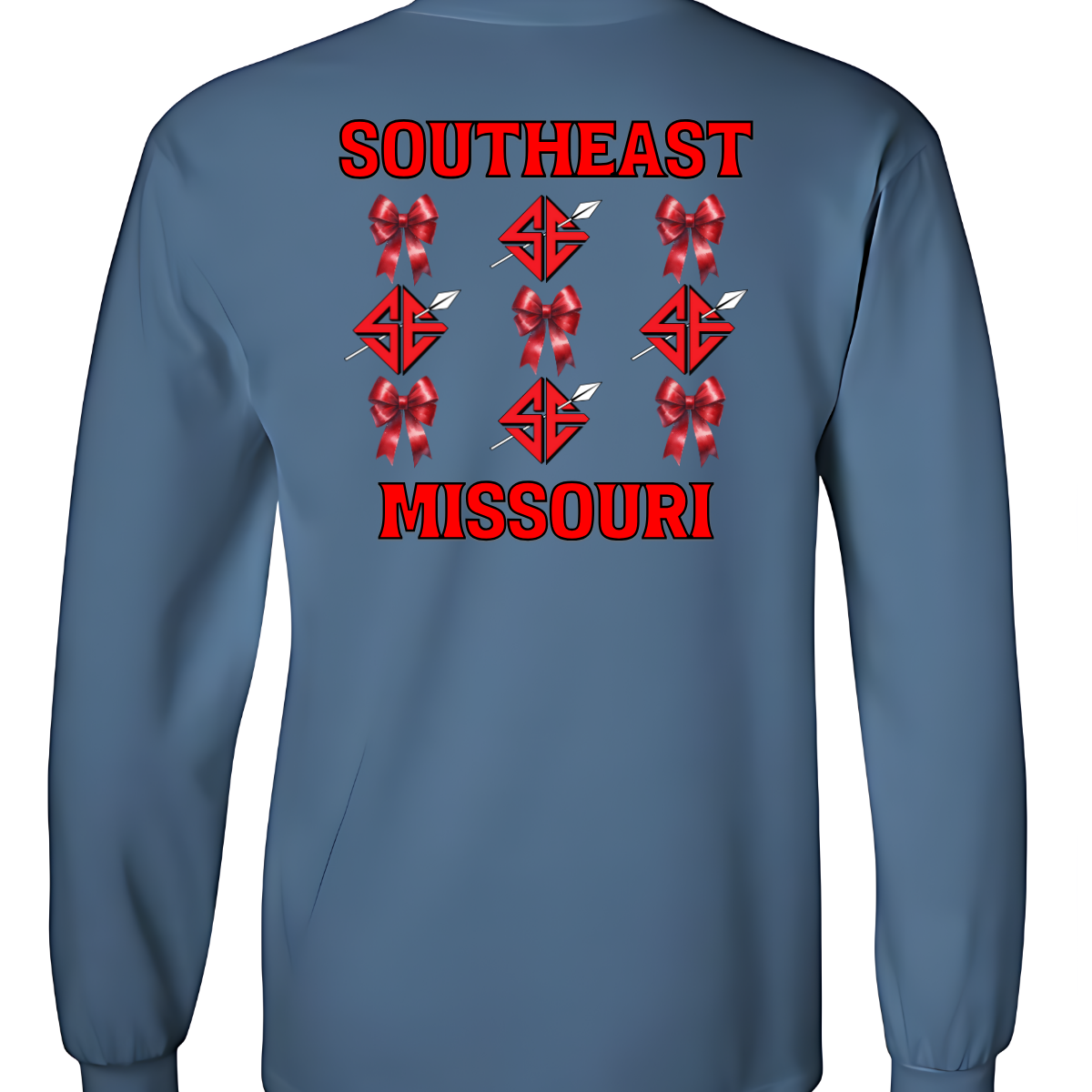 Show off your collegiate pride with our SEMO Sagamore Bow! With a grid pattern of red croquette bows and the SE spear logo, the word "southeast" displayed on the top and "missouri" on the bottom, this shirt is perfect for any SEMO fan. The front pocket design features a matching red croquette bow. Available in short or long sleeve options. Shop at Gorgeousware.com