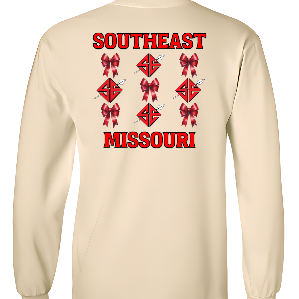 Show off your collegiate pride with our SEMO Sagamore Bow! With a grid pattern of red croquette bows and the SE spear logo, the word "southeast" displayed on the top and "missouri" on the bottom, this shirt is perfect for any SEMO fan. The front pocket design features a matching red croquette bow. Available in short or long sleeve options. Shop at Gorgeousware.com