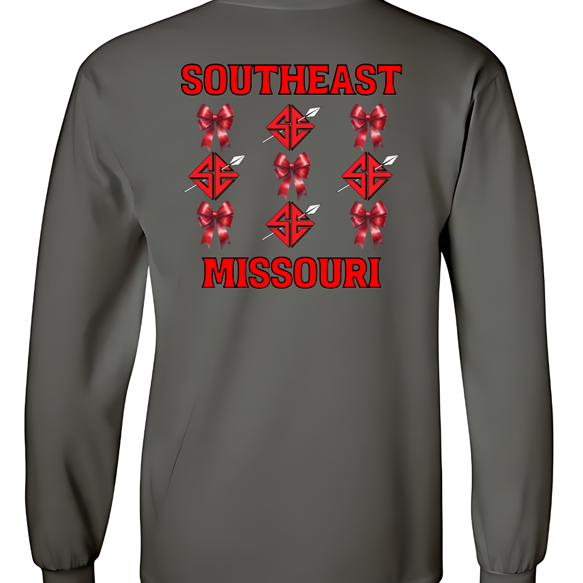 Show off your collegiate pride with our SEMO Sagamore Bow! With a grid pattern of red croquette bows and the SE spear logo, the word "southeast" displayed on the top and "missouri" on the bottom, this shirt is perfect for any SEMO fan. The front pocket design features a matching red croquette bow. Available in short or long sleeve options. Shop at Gorgeousware.com